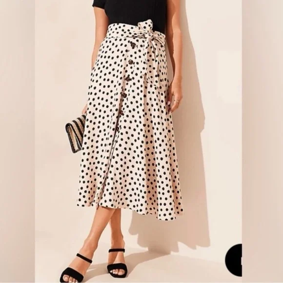 Ann Taylor Black and Cream Polka Dot Button Front Tie Belt Midi Skirt Size 18 - Picture 1 of 11